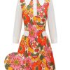 Clothing Retro Stage | 1960S Lapel Flowers Patchwork Dress Orange