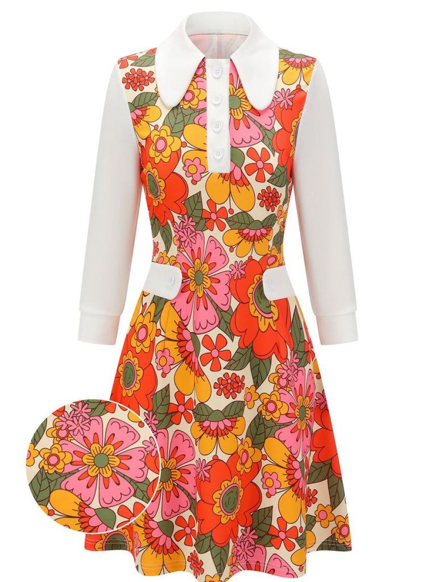 Clothing Retro Stage | 1960S Lapel Flowers Patchwork Dress Orange