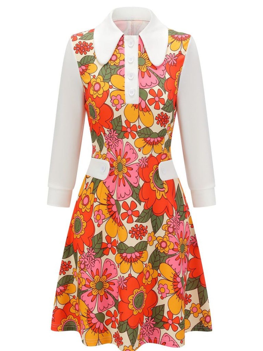 Clothing Retro Stage | 1960S Lapel Flowers Patchwork Dress Orange