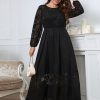 Clothing Retro Stage | [Plus Size] 1940S Long Sleeve Solid Lace Dress Black