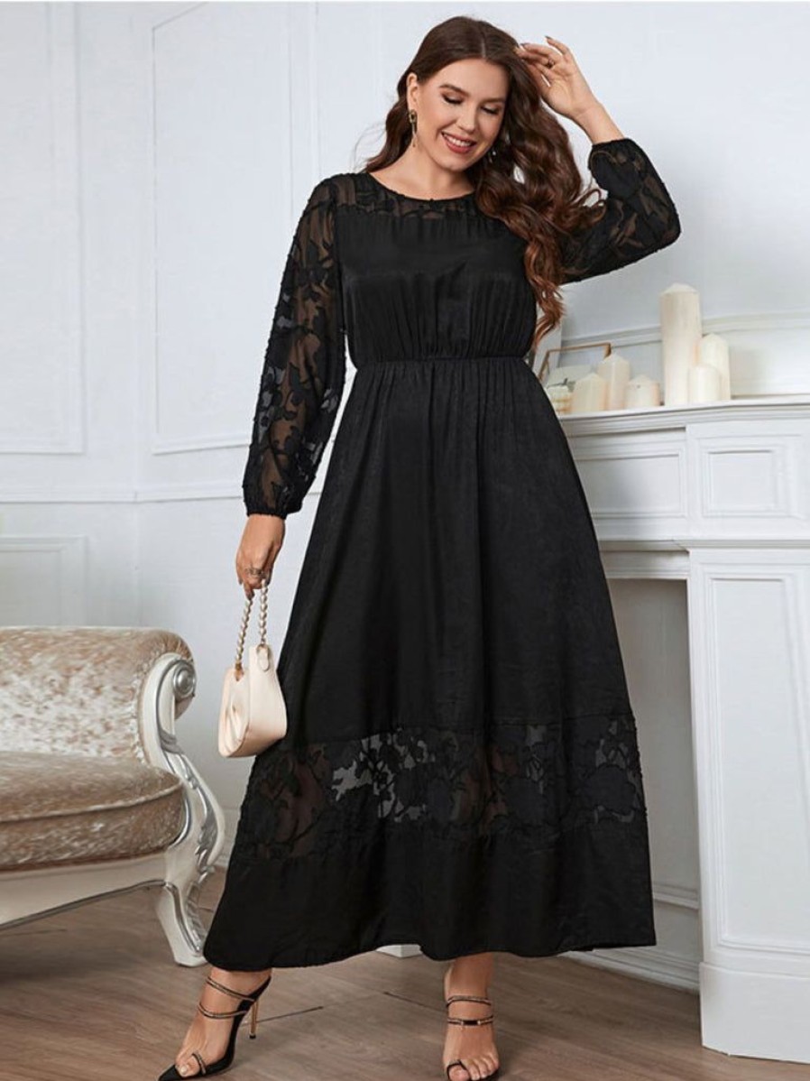 Clothing Retro Stage | [Plus Size] 1940S Long Sleeve Solid Lace Dress Black