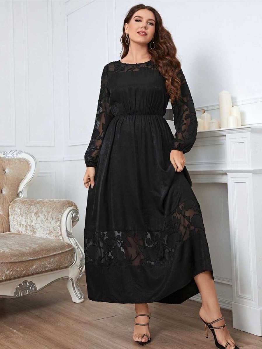 Clothing Retro Stage | [Plus Size] 1940S Long Sleeve Solid Lace Dress Black