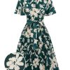 Clothing Retro Stage | 1940S Floral Pleated Belt Dress Green