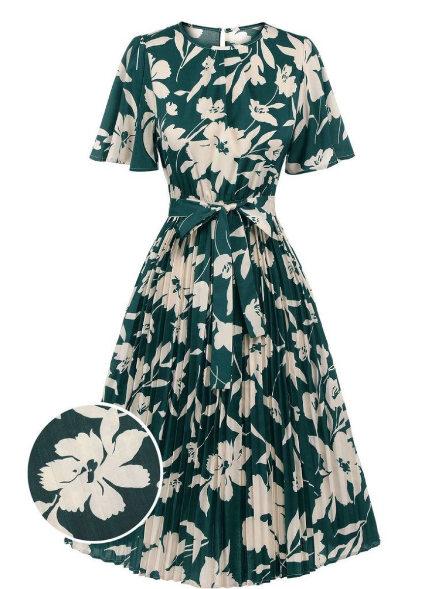 Clothing Retro Stage | 1940S Floral Pleated Belt Dress Green