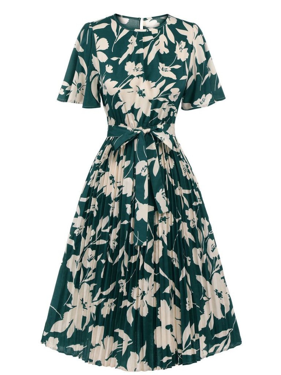 Clothing Retro Stage | 1940S Floral Pleated Belt Dress Green