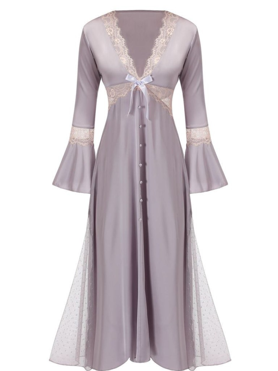 Clothing Retro Stage | 1940S Polka Dot Satin Lace Sleepwear Purple