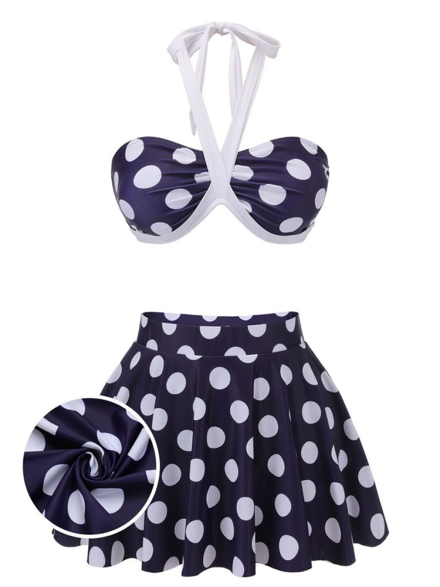 Clothing Retro Stage | 1940S Polka Dot Halter Swimsuit Navy Blue