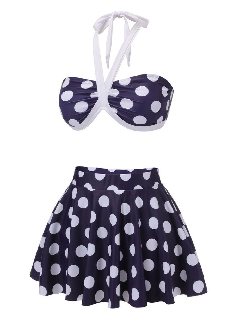 Clothing Retro Stage | 1940S Polka Dot Halter Swimsuit Navy Blue