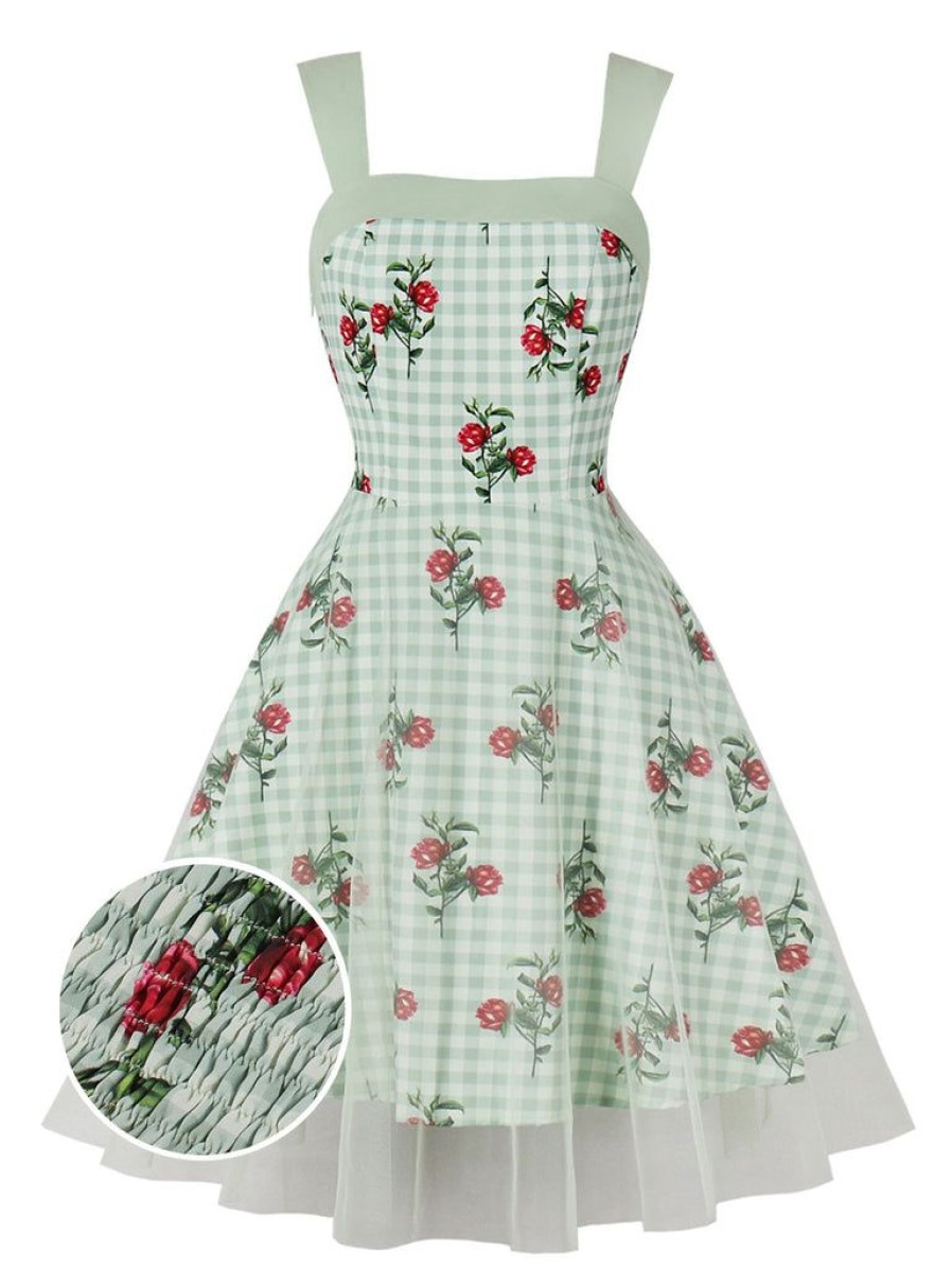 Clothing Retro Stage | 1950S Plaid Floral Mesh Patchwork Dress Green