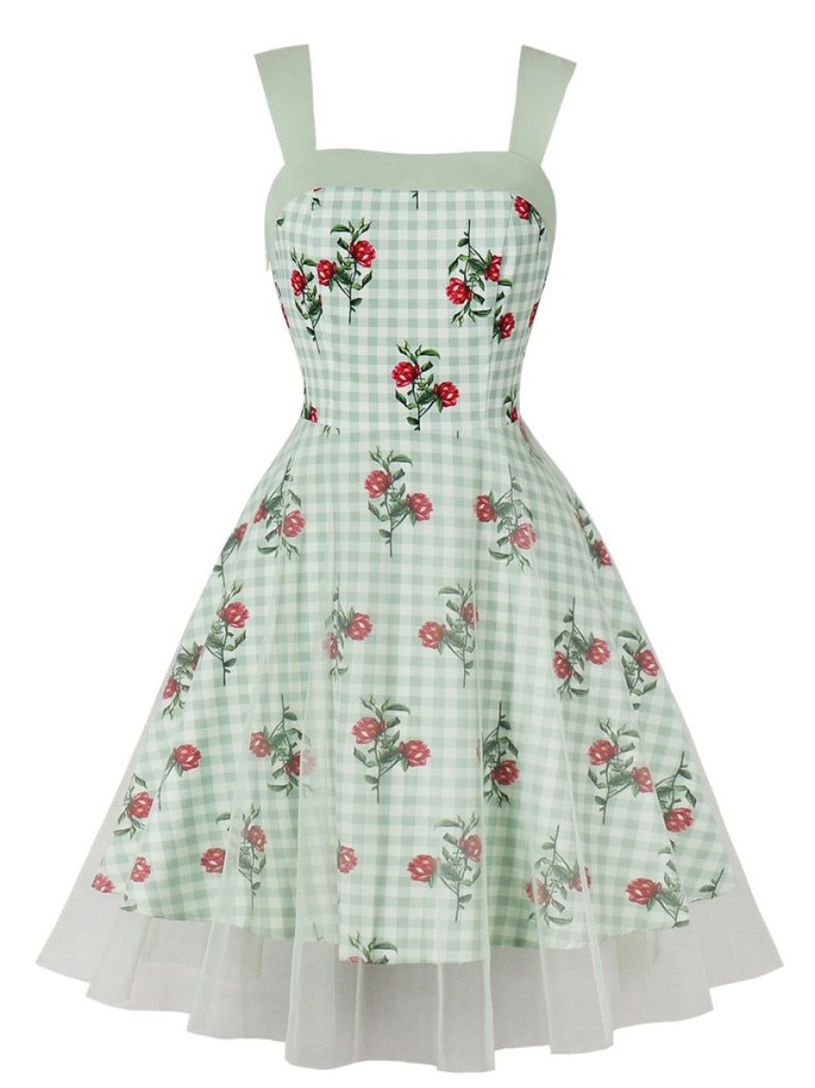 Clothing Retro Stage | 1950S Plaid Floral Mesh Patchwork Dress Green