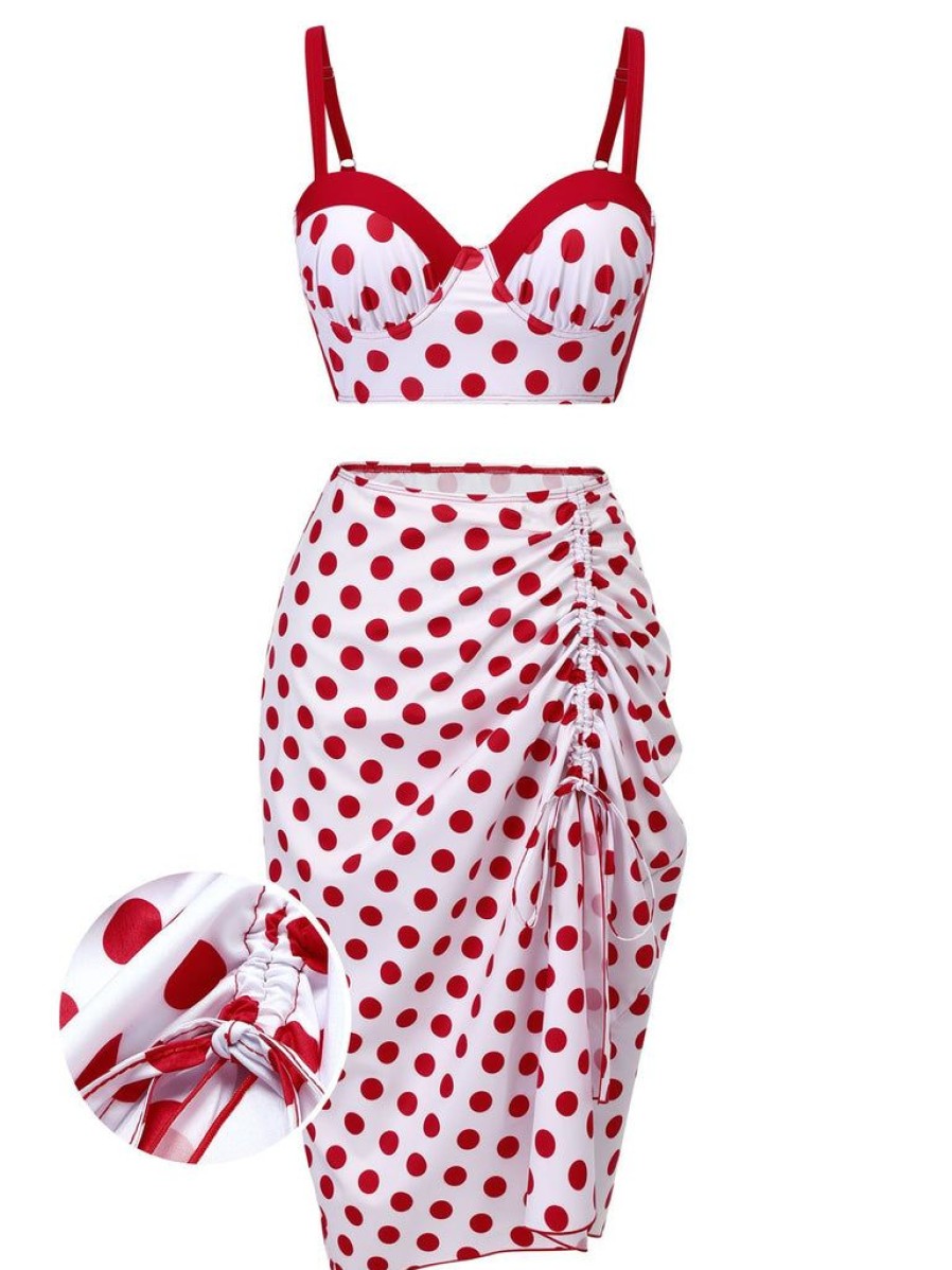 Clothing Retro Stage | 1950S Polka Dot Pleated Swimsuit Red