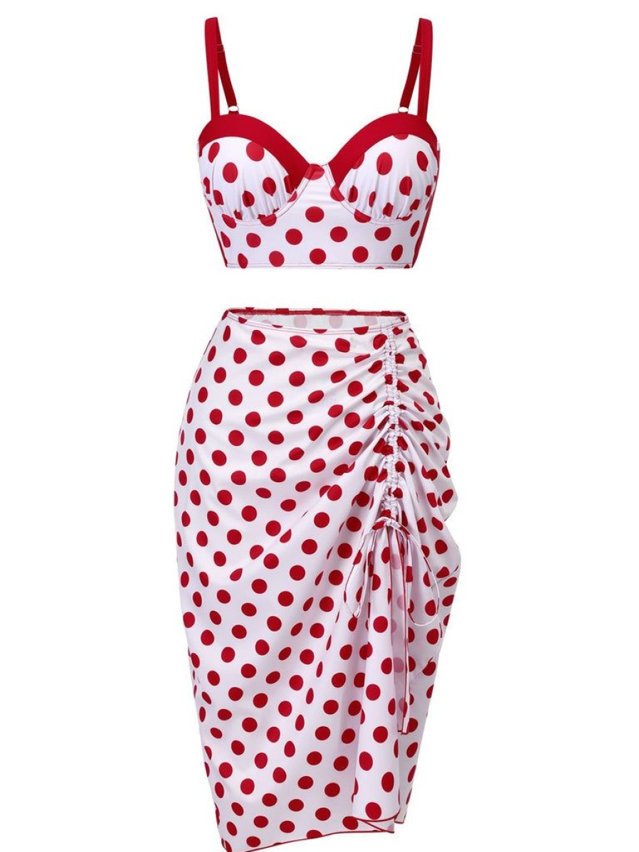 Clothing Retro Stage | 1950S Polka Dot Pleated Swimsuit Red