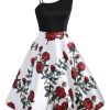 Clothing Retro Stage | 1950S Rose Spaghetti Straps Patchwork Dress Black