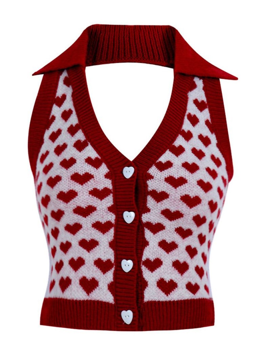 Clothing Retro Stage | Red 1950S Knitting Heart Halter Button Tops Wine Red