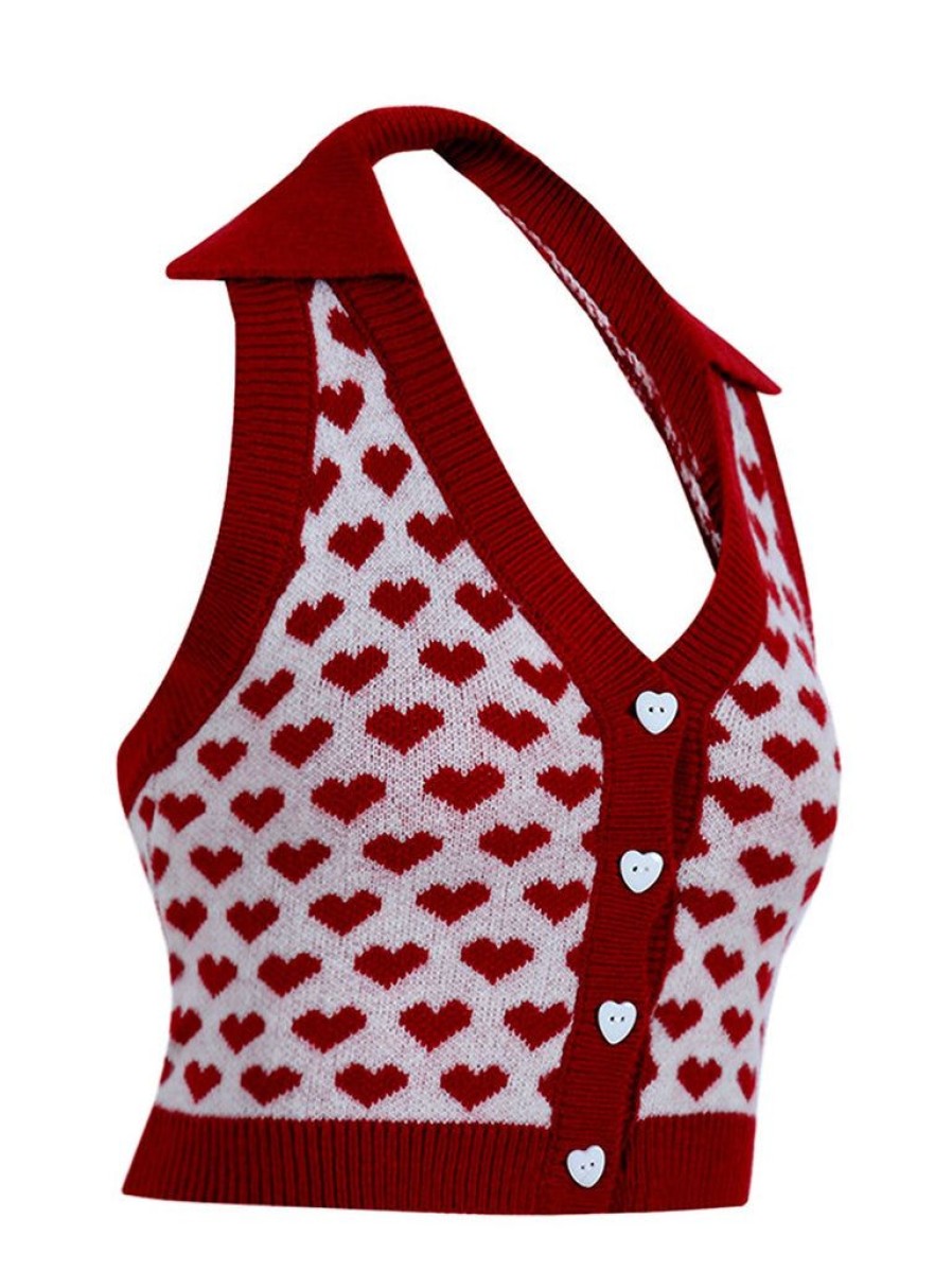 Clothing Retro Stage | Red 1950S Knitting Heart Halter Button Tops Wine Red