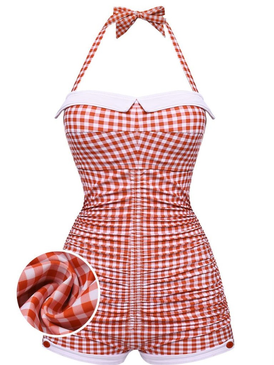 Clothing Retro Stage | [Plus Size] Checked 1950S Halter Bowknot One-Piece Swimsuit Red