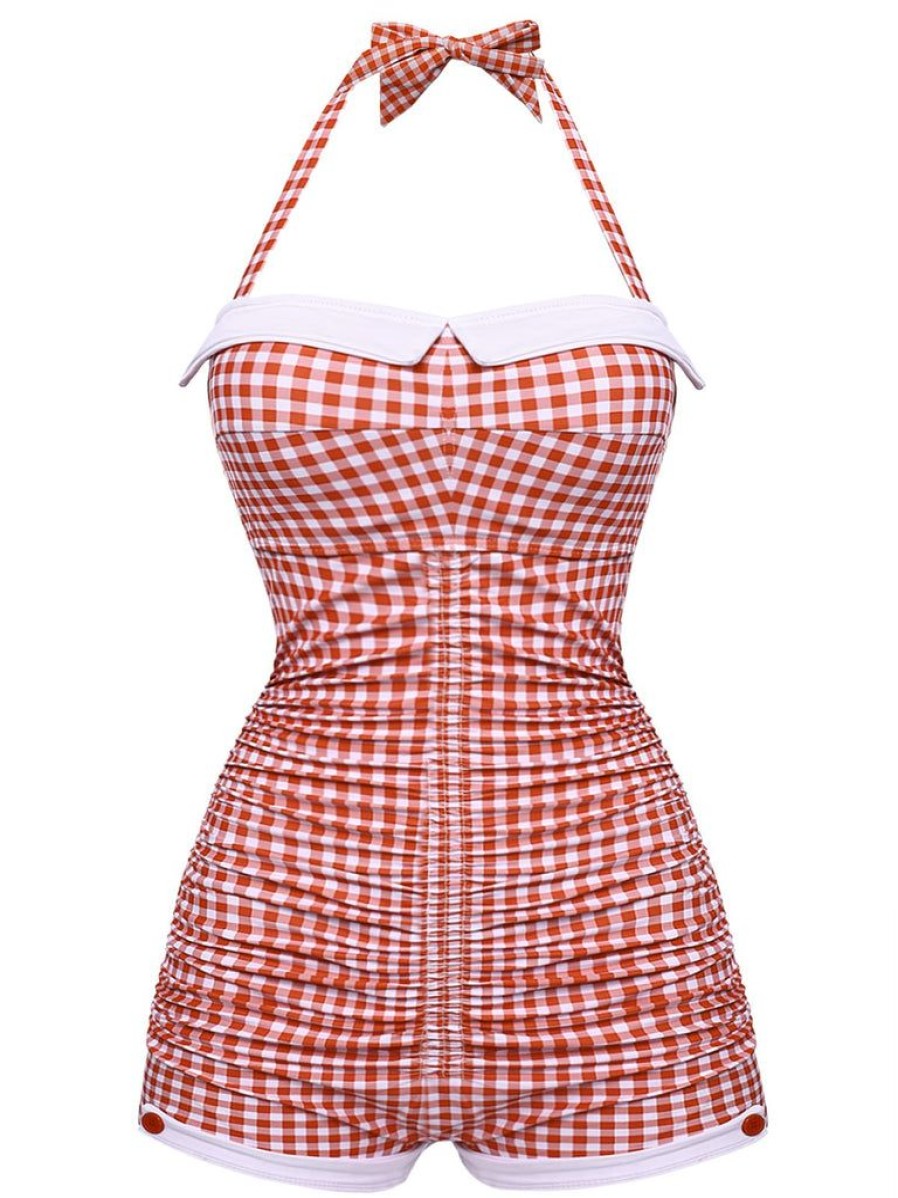 Clothing Retro Stage | [Plus Size] Checked 1950S Halter Bowknot One-Piece Swimsuit Red