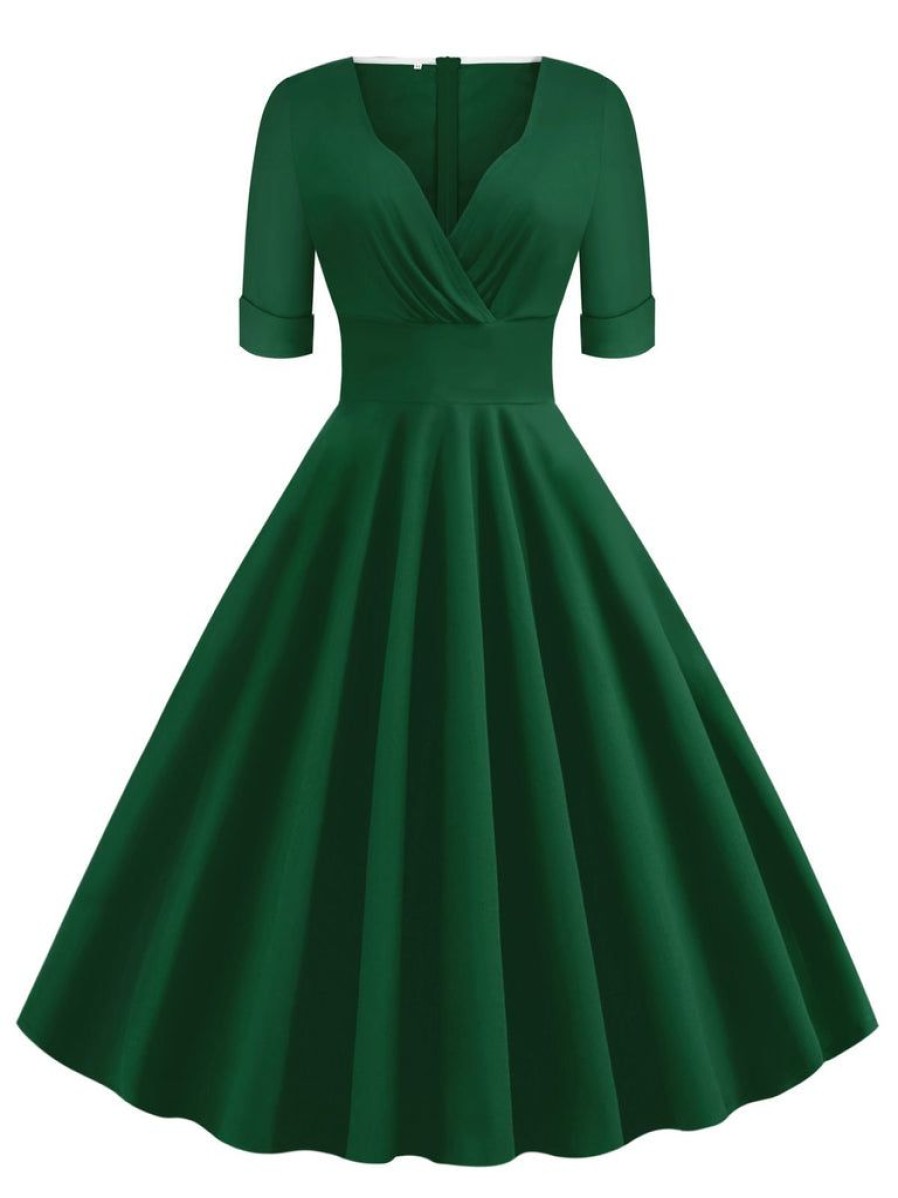 Clothing Retro Stage | 1950S Solid Sweetheart Fold Swing Dress