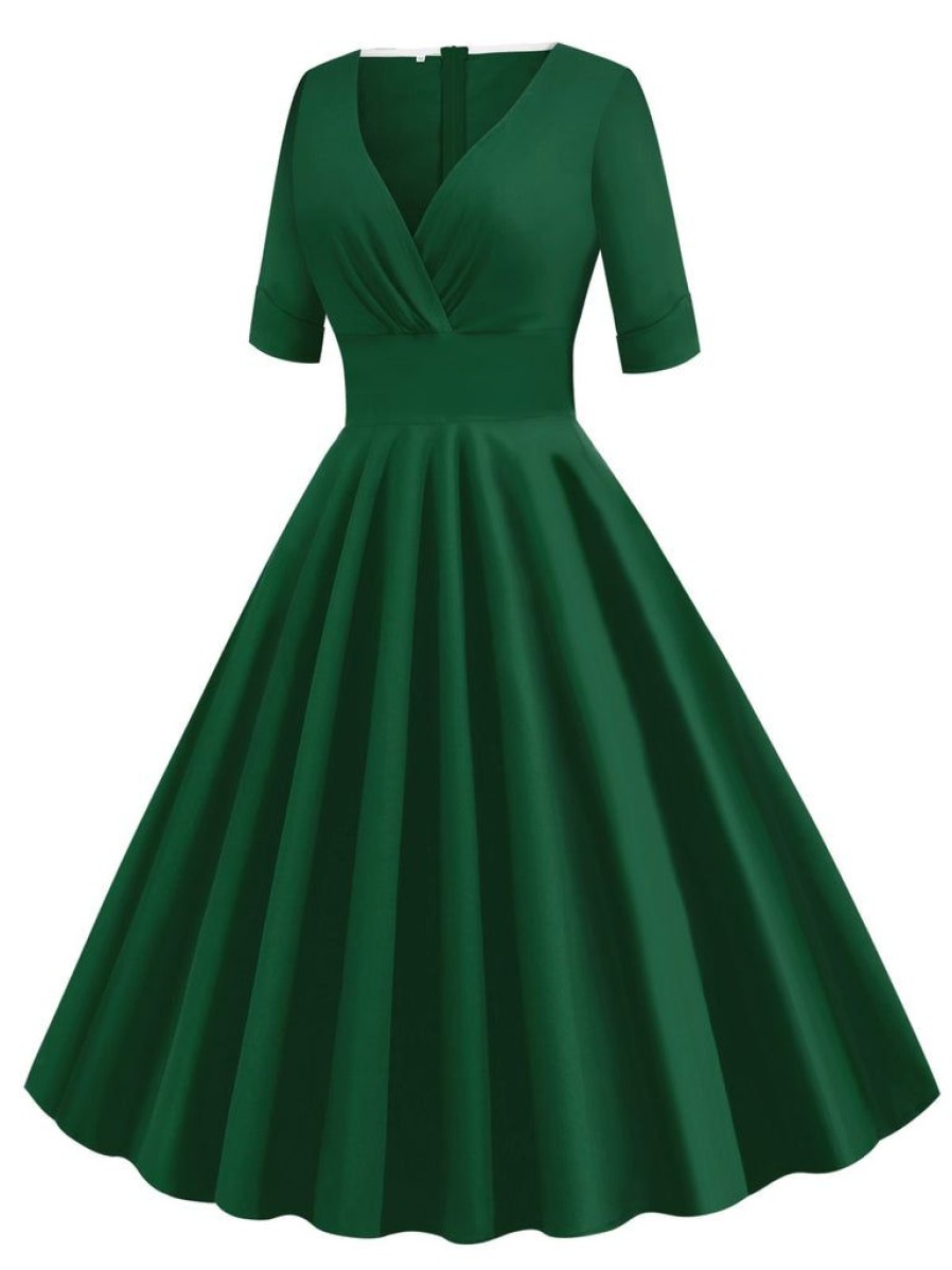 Clothing Retro Stage | 1950S Solid Sweetheart Fold Swing Dress