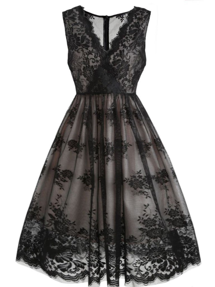 Clothing Retro Stage | 1950S Lace Floral Swing Dress Black