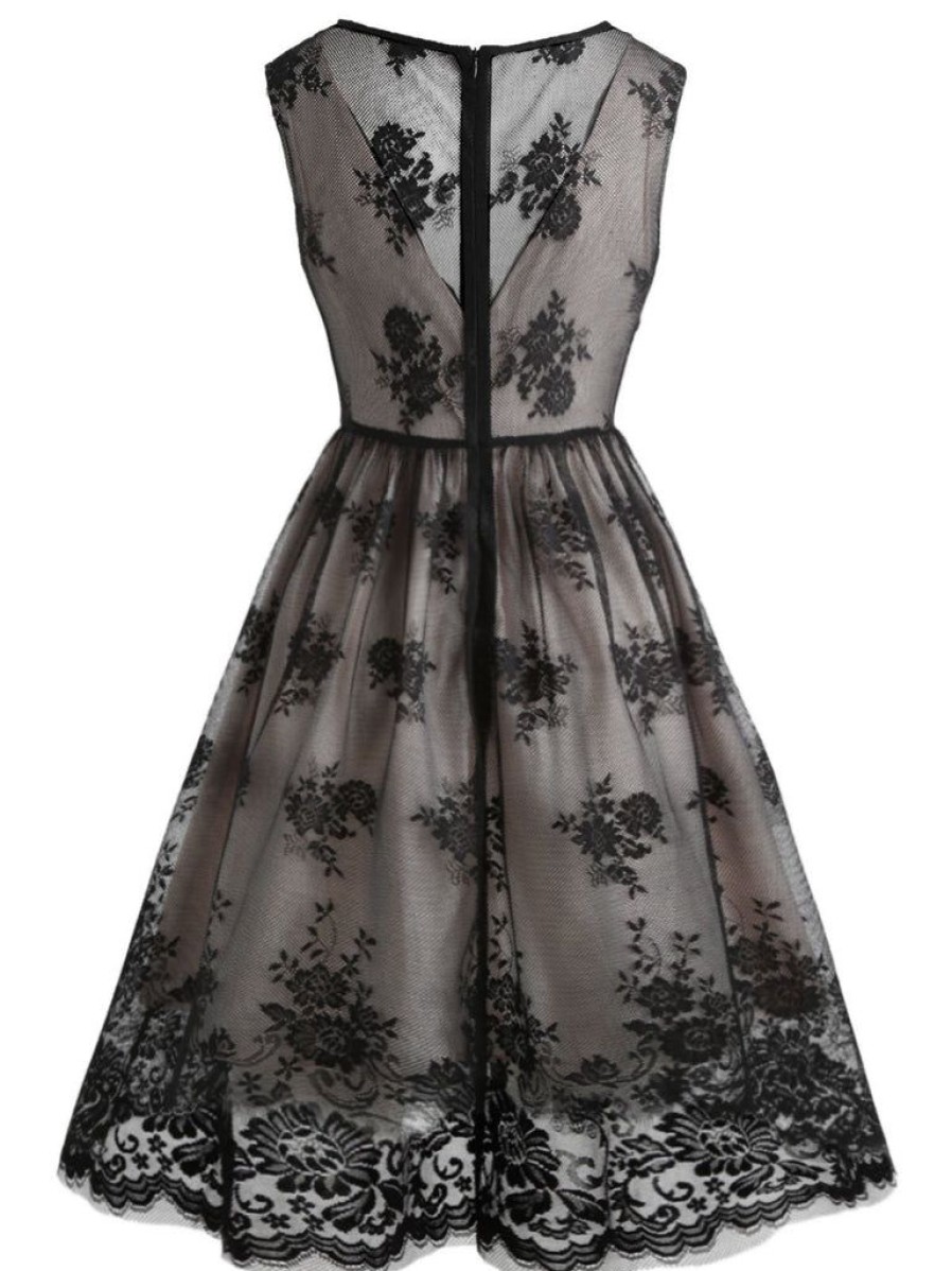 Clothing Retro Stage | 1950S Lace Floral Swing Dress Black