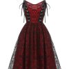 Clothing Retro Stage | 1950S Skull Pattern Gothic Style Dress Wine Red