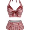 Clothing Retro Stage | 1950S Checked Halter Bowknot Bikini Set Red