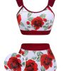 Clothing Retro Stage | 1940S Floral Ruffles Swimsuit Red