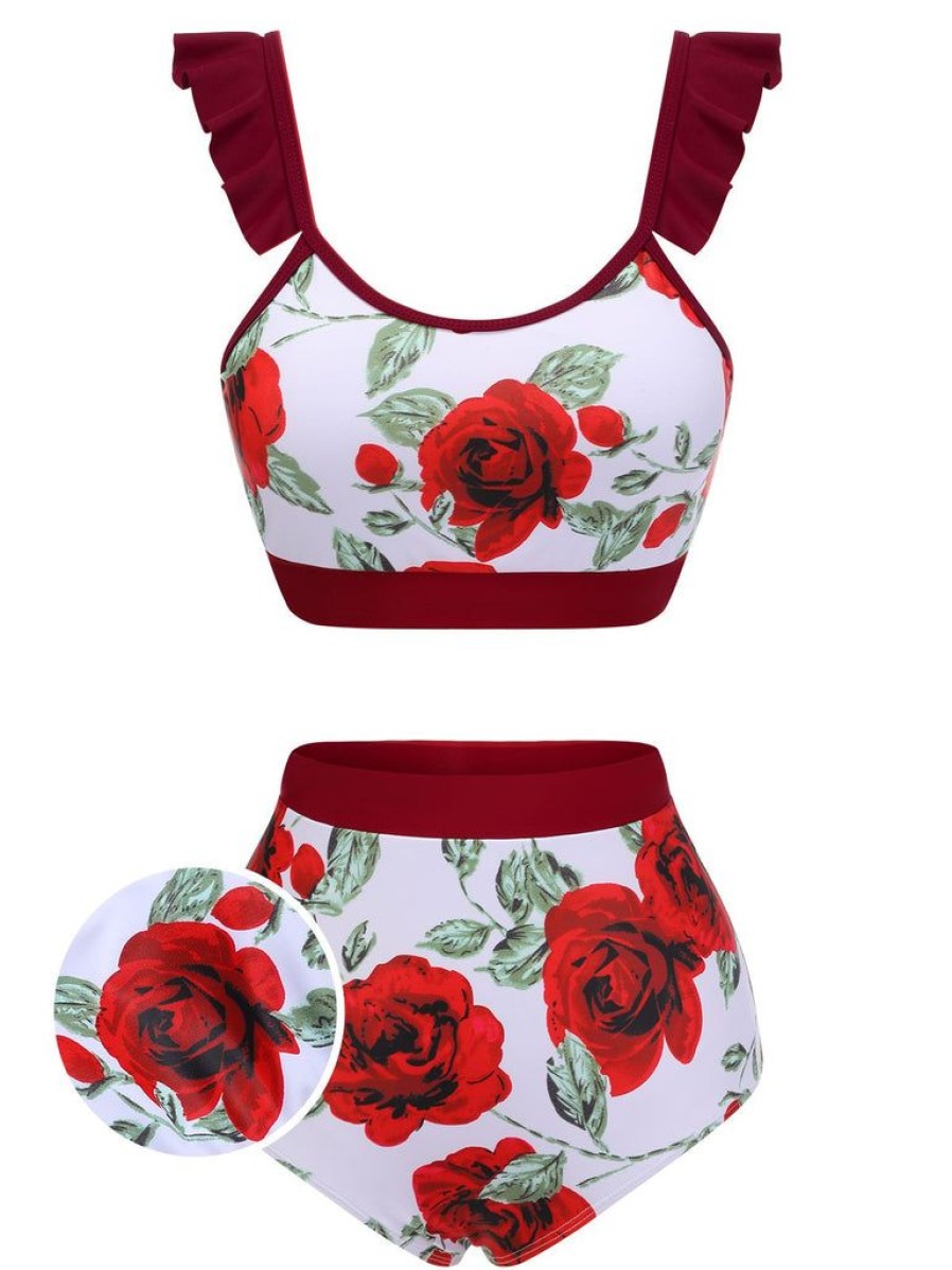 Clothing Retro Stage | 1940S Floral Ruffles Swimsuit Red