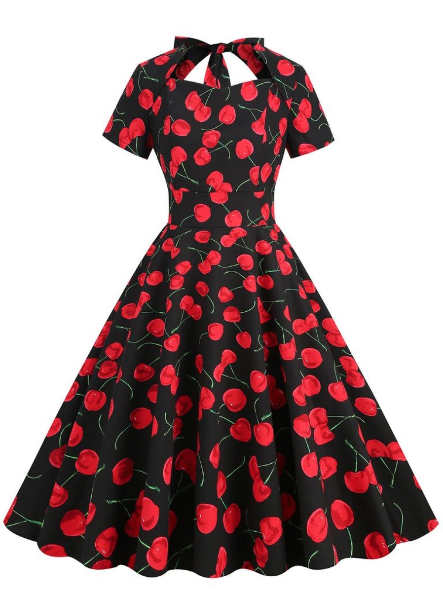 Clothing Retro Stage | 1950S Cherry Sweetheart Short Sleeve Lace Up Dress