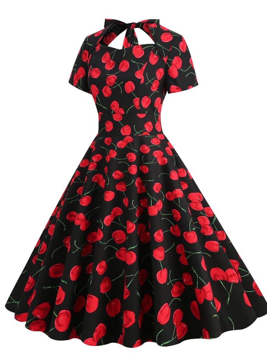 Clothing Retro Stage | 1950S Cherry Sweetheart Short Sleeve Lace Up Dress