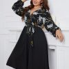 Clothing Retro Stage | [Plus Size] 1950S V-Neck Loose Patchwork Dress Black