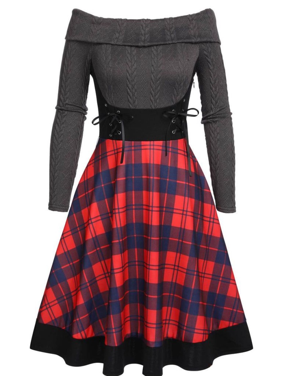 Clothing Retro Stage | Plaids 1950S Off Shoulder Knitted Dress Red