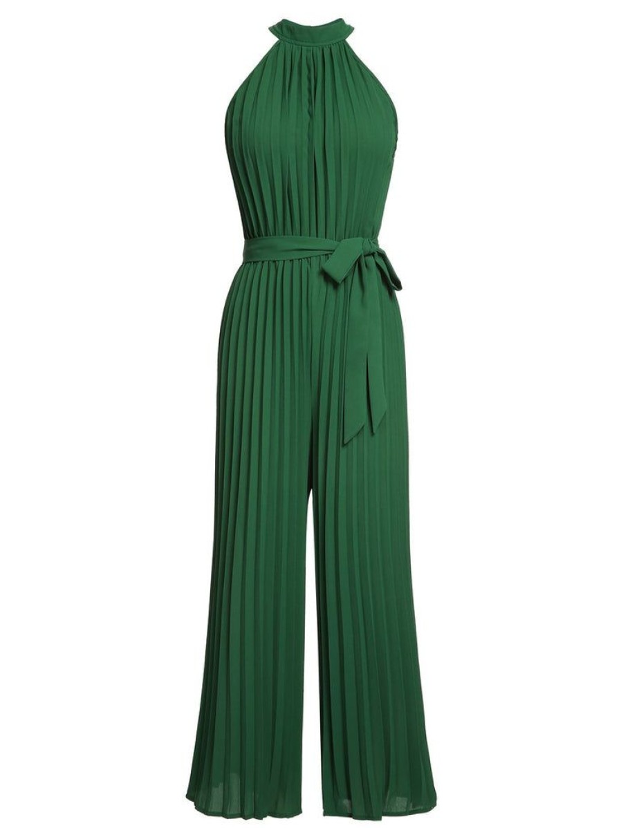 Clothing Retro Stage | 1930S Solid Pleated Halter Jumpsuit Green