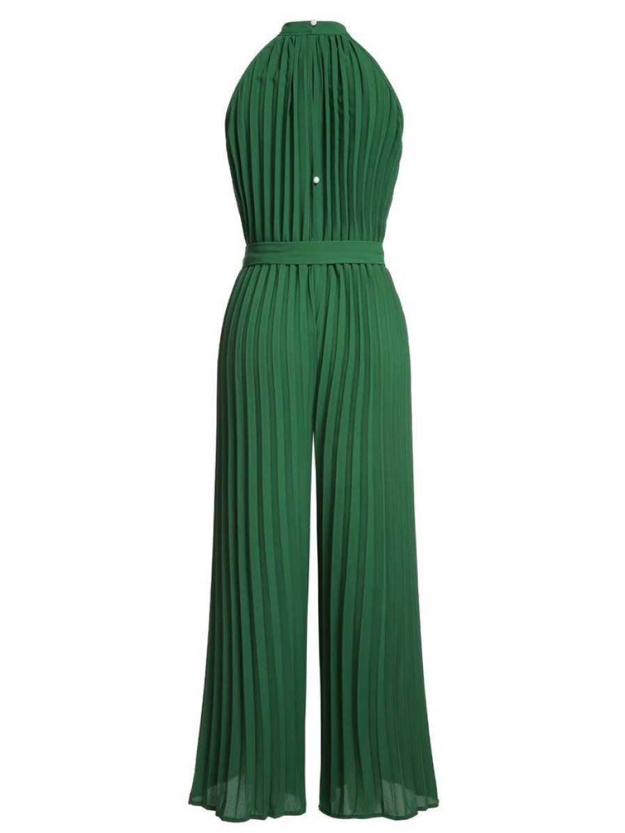 Clothing Retro Stage | 1930S Solid Pleated Halter Jumpsuit Green