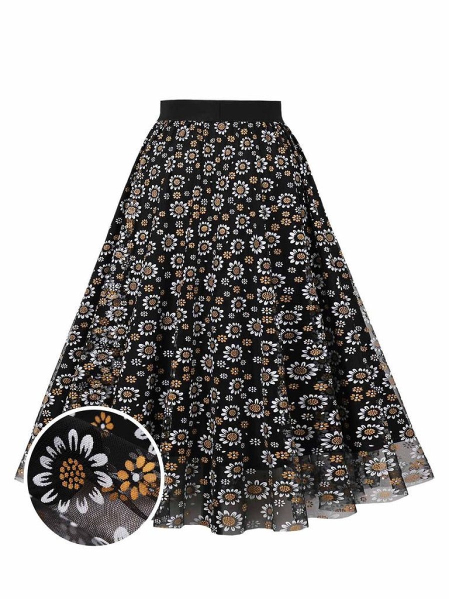 Clothing Retro Stage | 1950S Daisy Mesh Skirt Black