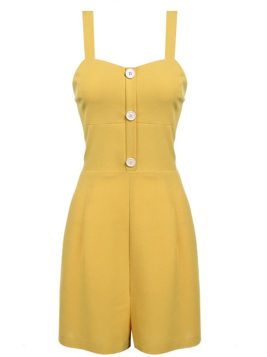 Clothing Retro Stage | 1950S Spaghetti Strap Button Romper Yellow