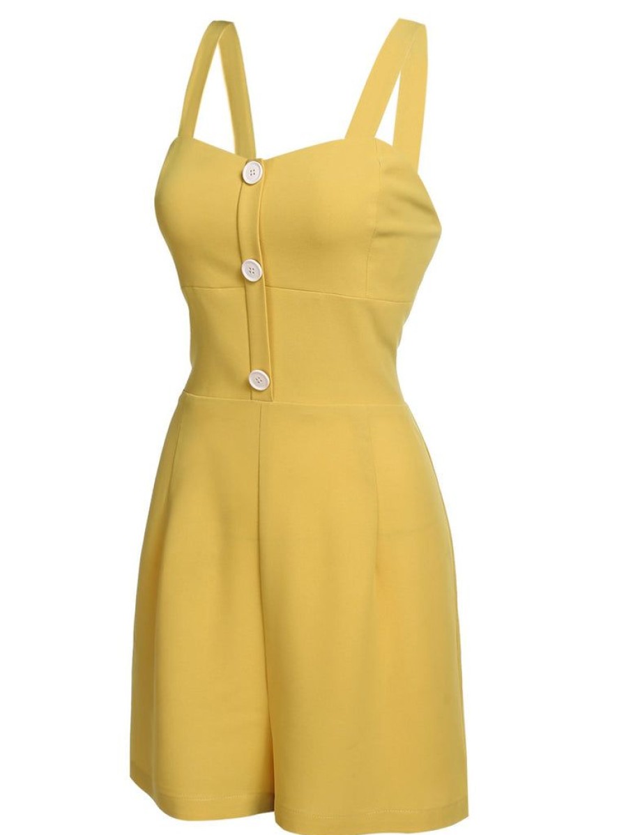 Clothing Retro Stage | 1950S Spaghetti Strap Button Romper Yellow