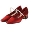 Shoes Retro Stage | Velvet Satin Pearl Chunky Heel Shoes Red