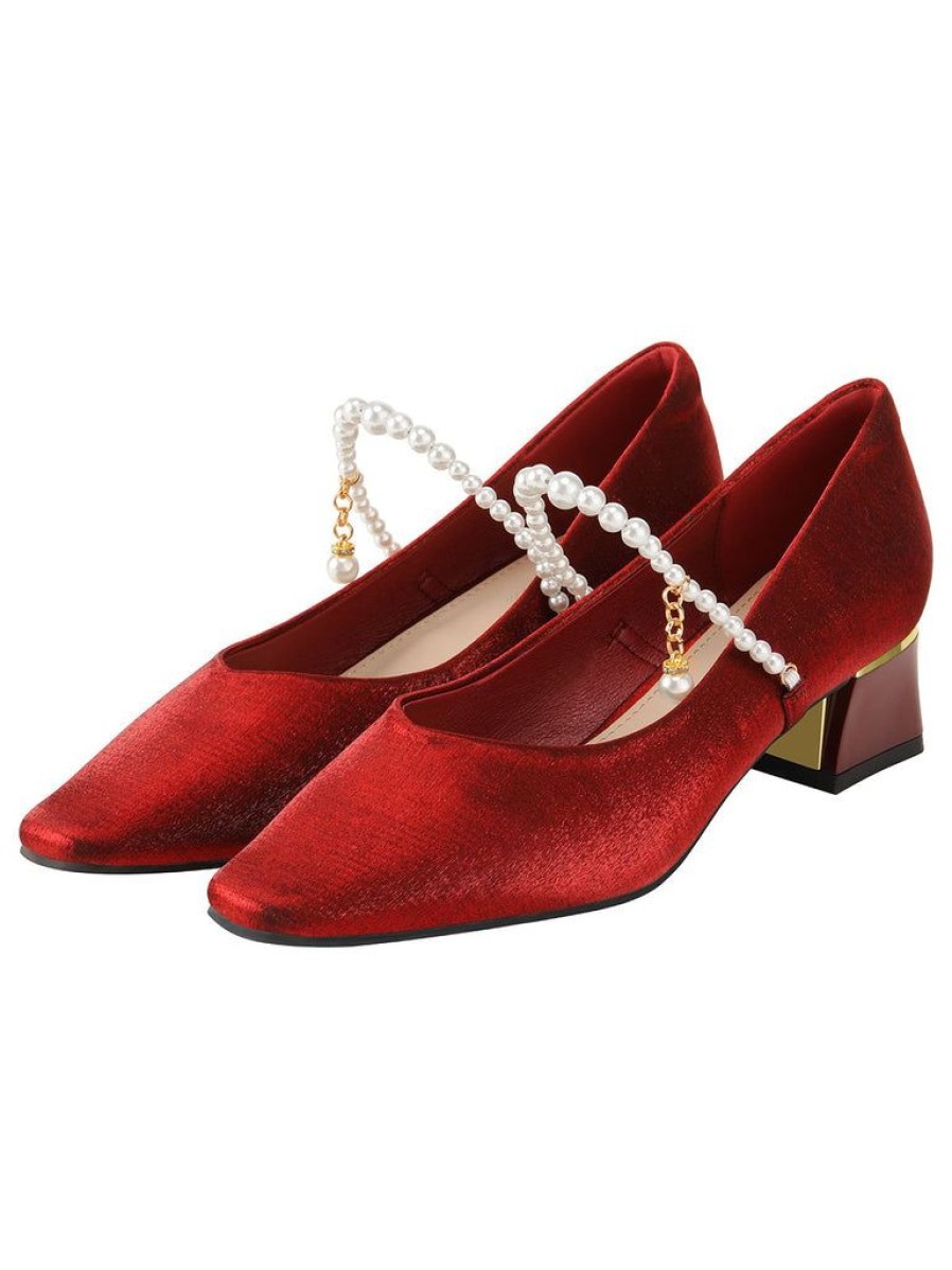 Shoes Retro Stage | Velvet Satin Pearl Chunky Heel Shoes Red