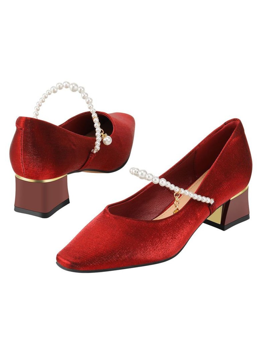 Shoes Retro Stage | Velvet Satin Pearl Chunky Heel Shoes Red