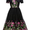 Clothing Retro Stage | 1950S Peony Embroidery Dress Black