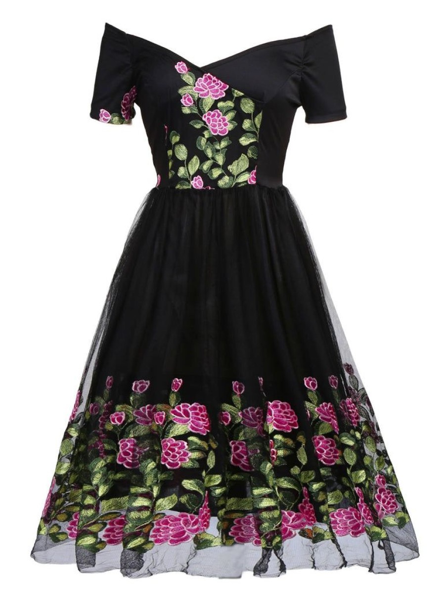 Clothing Retro Stage | 1950S Peony Embroidery Dress Black