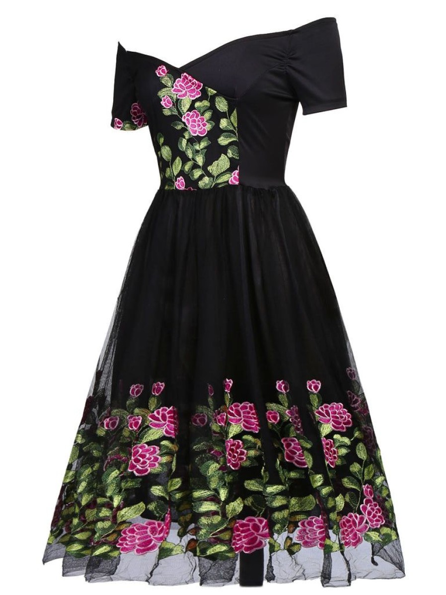 Clothing Retro Stage | 1950S Peony Embroidery Dress Black