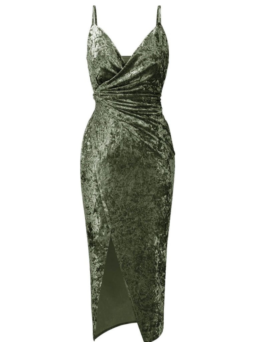 Clothing Retro Stage | 1960S Solid Diamond Velvet Slit Strap Dress