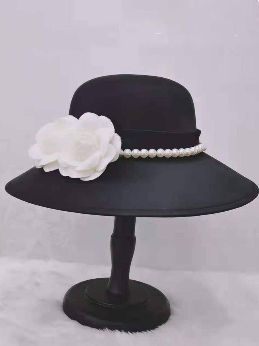 Accessories Retro Stage | Black Pearls Flowers Solid Hat