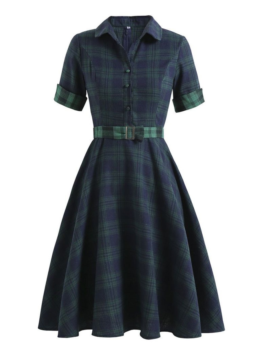 Clothing Retro Stage | 1950S Buttoned Belted Swing Dress Plaids