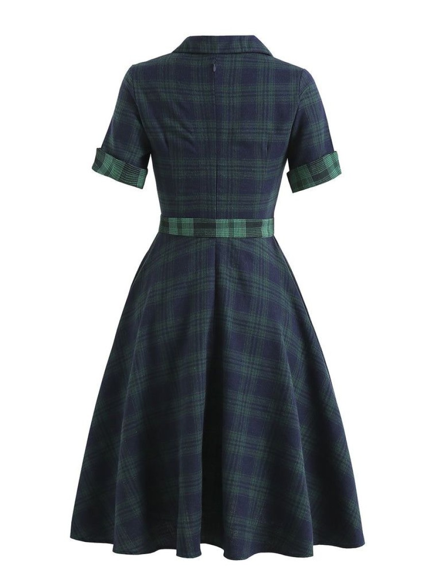 Clothing Retro Stage | 1950S Buttoned Belted Swing Dress Plaids