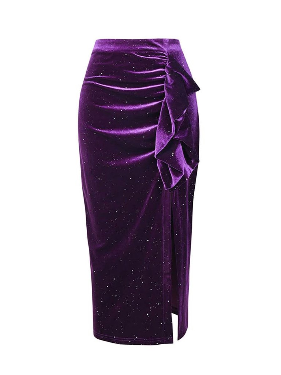 Clothing Retro Stage | 1960S Glitter Slit Velvet Skirt Deep Purple