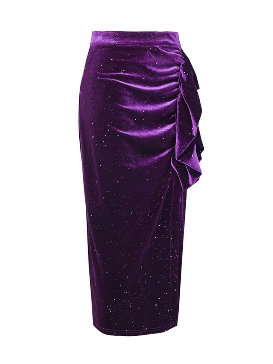 Clothing Retro Stage | 1960S Glitter Slit Velvet Skirt Deep Purple